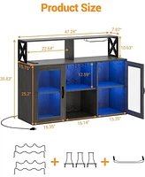 gaomon Farmhouse Wine Bar Cabinet with Led Light,Tempered Glass Doors, Power Outlet,Wine and Goblet Holder,Liquor Storage Cabinet for Dining Room