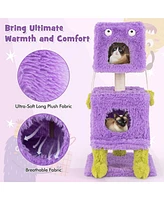 Gymax Cat Tree Cute Monster-Themed Cat Tower w/ 2 Private Condos & Soft Long Plush