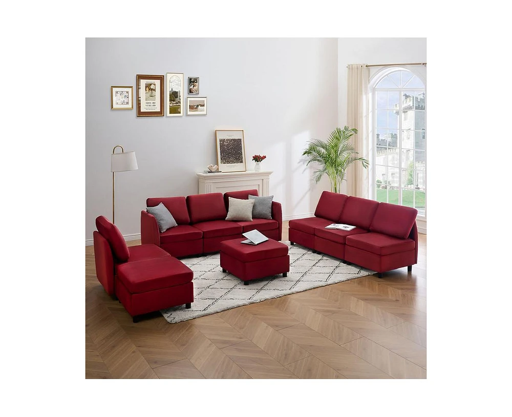 gaomon 86 Inch Sofa With Petal & Comfortable Cushion, Comfy Modern 9-Seats Sofa, Removable Medium Firm Sofa Cushion, Wine Red