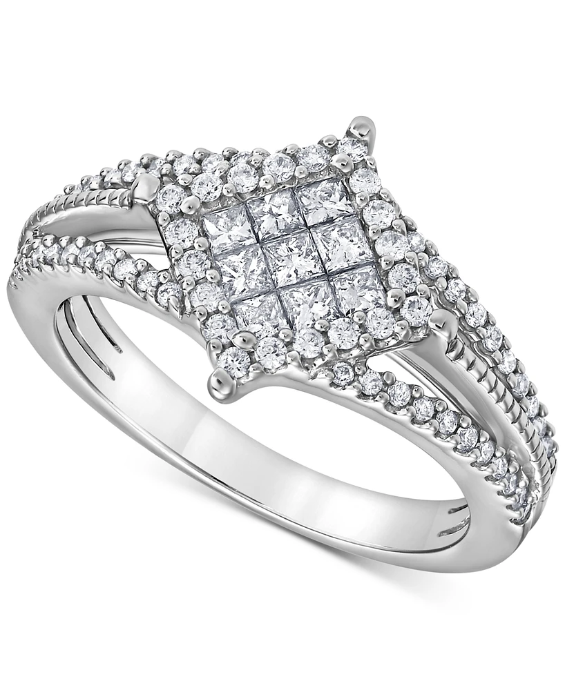 Diamond Princess & Round Halo Cluster Split Shank Ring (5/8 ct. t.w.) in 14k White Gold