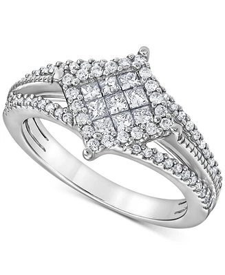 Diamond Princess & Round Halo Cluster Split Shank Ring (5/8 ct. t.w.) in 14k White Gold