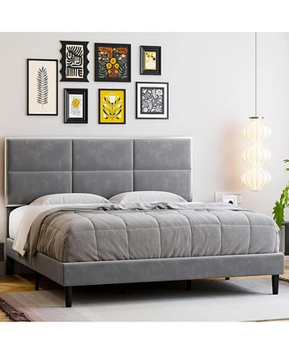 gaomon Full Size Velvet Bed Frame with Headboard, Modern Upholstered Platform Bed, Mirror Stainless Steel Decoration, Wooden Slats Support, No Box Spr