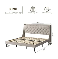 gaomon Upholstered Platform Bed Frame, Bed Frame with Charging Station, Storage Shelf and Usb Ports, Luxurious Linen Upholstery Platform Bed with Wing