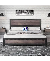 gaomon Full Size Bed Frame with Headboard, Industrial Platform Bed Frame with Charging Station, No Box Spring Required, Easy to Assemble