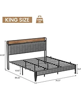 gaomon King Size Bed Frame with Led Light and Charging Station, Upholstered Platform Bed with Storage Headboard, Metal Slat, Noise Free, Easy Assembly
