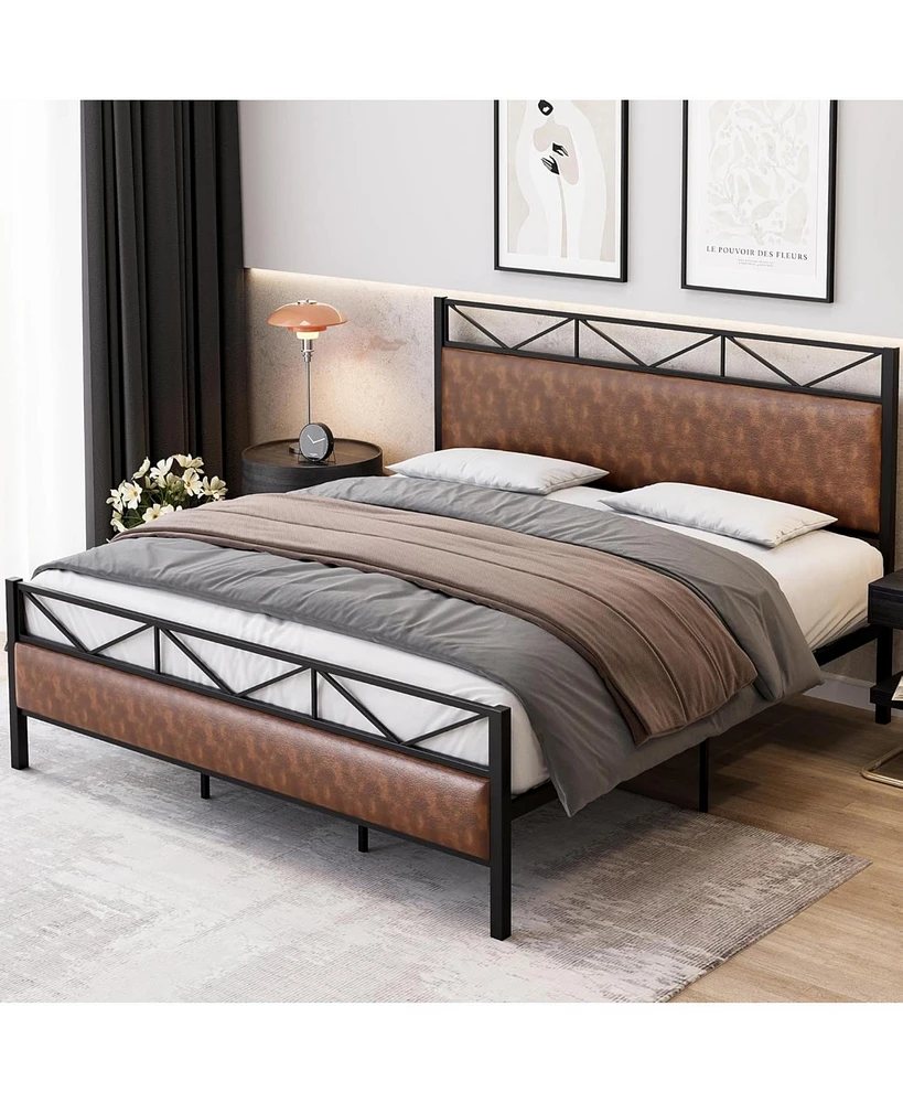 gaomon Queen Size Bed Frame with Pu Leather Headboard Footboard, Upholstered Platform Bed with 14 Strong Metal Slats, 11" Under-Bed Storage, Noise-Fre