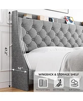 gaomon Upholstered Bed Frame - Full Size, Usb Ports, Wingback Headboard, Storage Shelf, and Charging Station