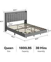 gaomon Queen Size Floating Bed Frame with Led Lights, Upholstered Platform Bed Frame with Charging Station & Storage Headboard, No Box Spring Needed