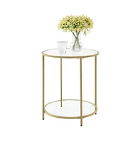 Slickblue Modern Glass Top Round Metal End Table Nightstand with Bottom Shelf