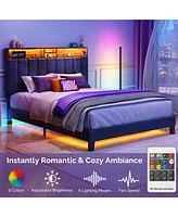 Sersper Upholstered Bed Frame with Charging Station and Storage Headboard