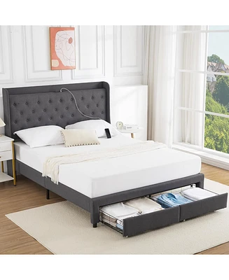 gaomon Bed Frame with Headboard and 2 Storage Drawers, Upholstered Bed Frame with Type-c & Usb Port, Noise-Free, No Box Spring Needed, Easy Assembly F
