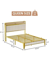 gaomon Bed Frame with Led Light and Charging Station, Upholstered Platform Bed with Storage Headboard, Metal Slat, Noise Free