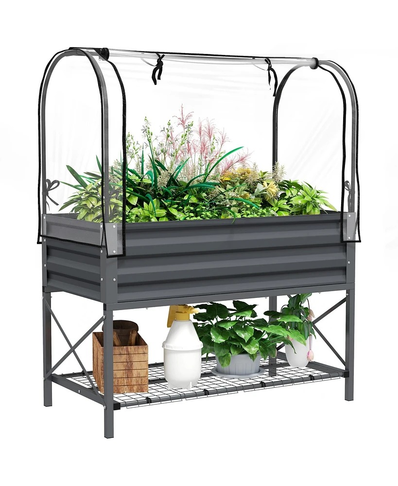 Outsunny Metal Raised Garden Bed with Legs, Cover, and Storage Shelf,