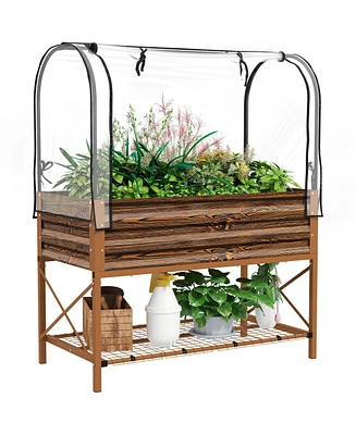 Outsunny Metal Raised Garden Bed with Legs, Cover, and Storage Shelf,