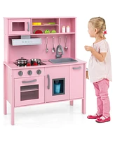 Costway Kids Kitchen Playset Wooden Pretend Play Chef Toy with Microwave & Accessories