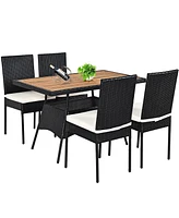 Costway 5 Pcs Patio Rattan Furniture Set Wood Top Table Cushioned Chairs Garden Yard Deck