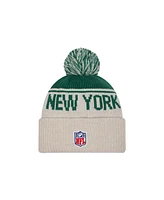 New Era Men's Stone/Green New York Jets Nfl Sideline Historic Cuffed Knit Hat with Pom