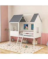 Gouun Twin Size Kids House Bed Low Loft Bed Frame with Roof