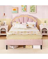 Gouun Upholstered Led Bed Frame with Adjustable Flower Headboard and Metal Support Feet-Full Size