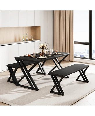 gaomon Table Bench Set for 4, Kitchen Table Set with 2 Benches, Rectangular Dining Room Table Set with Sturdy Metal Frame, Saving Space for Kitchen