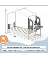 Full-Size Kids Bed Frame with House Roof, Canopy, and Fence Design