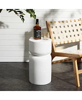 LuxenHome White with Gray Flecks Pillar Round MgO Side Table, Indoors and Outdoors