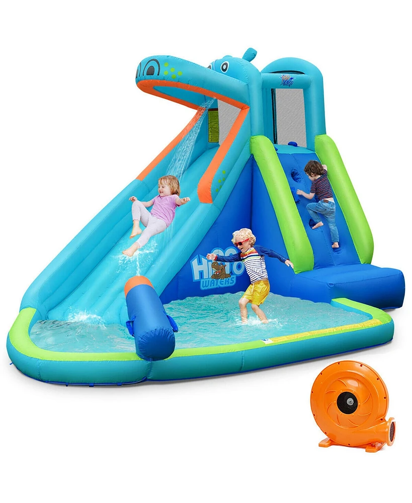 Costway Inflatable Kids Hippo Bounce House Slide Climbing Wall Splash Pool w/740W Blower