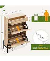 gaomon Natural Rattan Storage Cabinet with 2 Flip Drawers, Wooden Entry Way Cabinet with Storage with Adjustable Shelf and Metal Legs