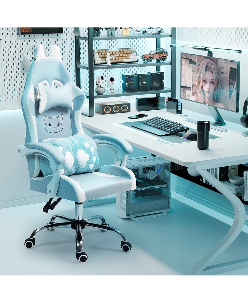 Dyhome Cute Gaming Chair with Cat Paw Lumbar Cushion and Ears, Ergonomic Computer Chair,Reclining Pc Game for Girl