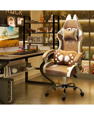 Dyhome Cute Gaming Chair with Cat Paw Lumbar Cushion and Ears, Ergonomic Computer Chair,Reclining Pc Game for Girl