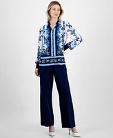 T Tahari Women's Printed Blouson-Sleeve Blouse