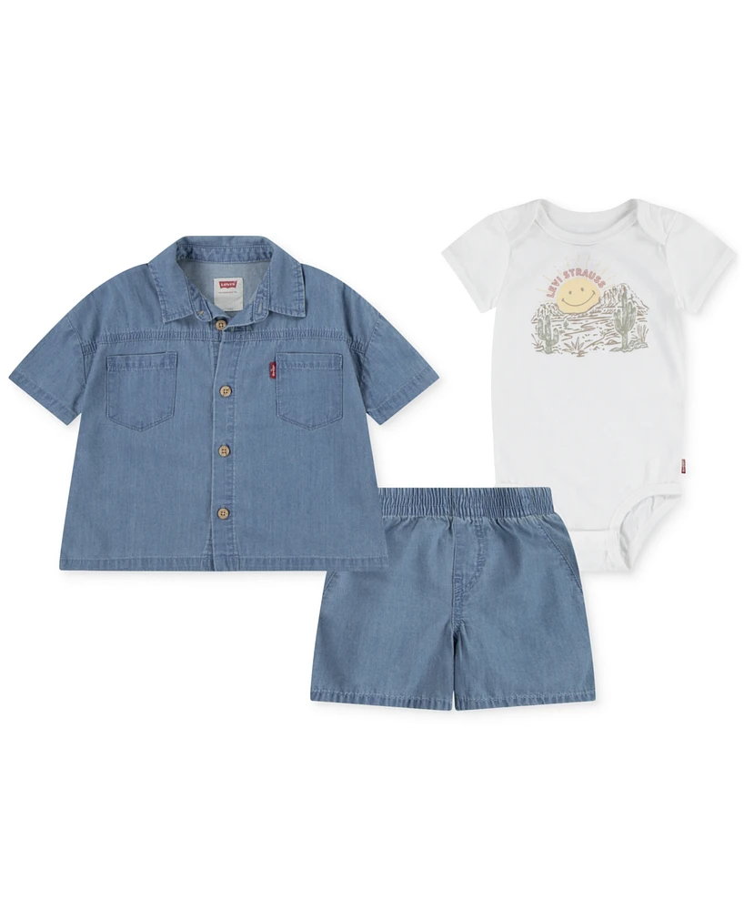 Levi's Baby Boys 3-Pc. Denim Button-Up Shirt, Bodysuit, & Shorts Set