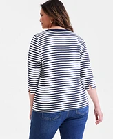 Style & Co Plus Stripe Pima Cotton 3/4-Sleeve Top, Exclusively at Macy's