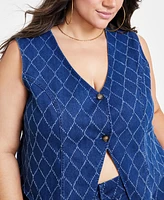 Nina Parker Plus Diamond-Texture Denim Vest