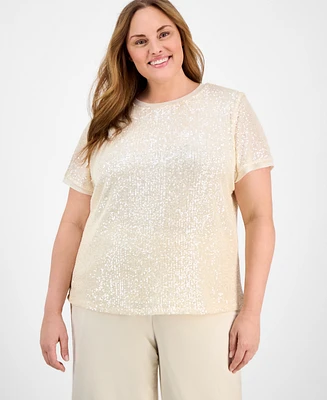 Anne Klein Plus Size Sequin-Embellished Short-Sleeve Top