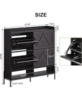 gaomon Shoe Storage Cabinet with 4 Flip Drawers, Slim Wood Shoe Organizer, 2 Tier Free Standing Shoe Rack with 2 Cubbies, Hooks & Metal Frame