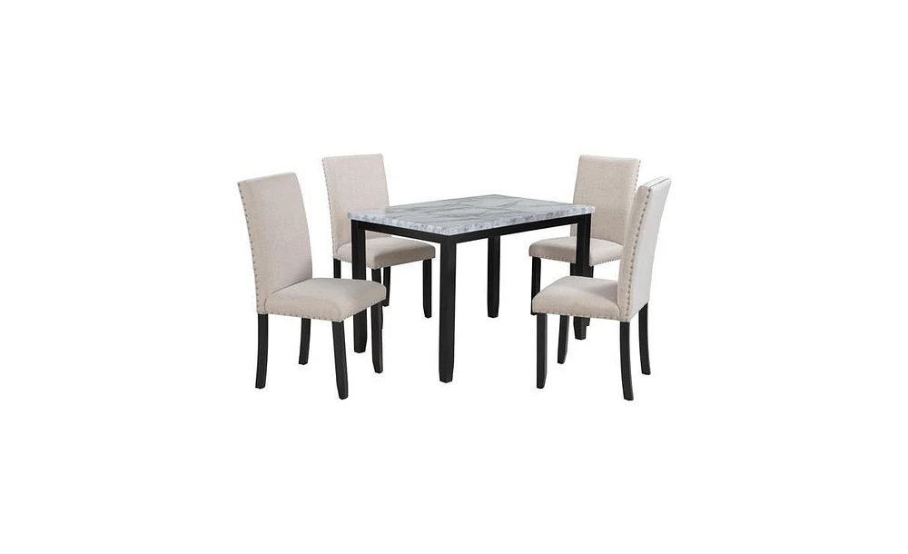 Slickblue Faux Marble 5-Piece Dining Set Table with 4 Thicken Cushion Dining Chairs Home Furniture