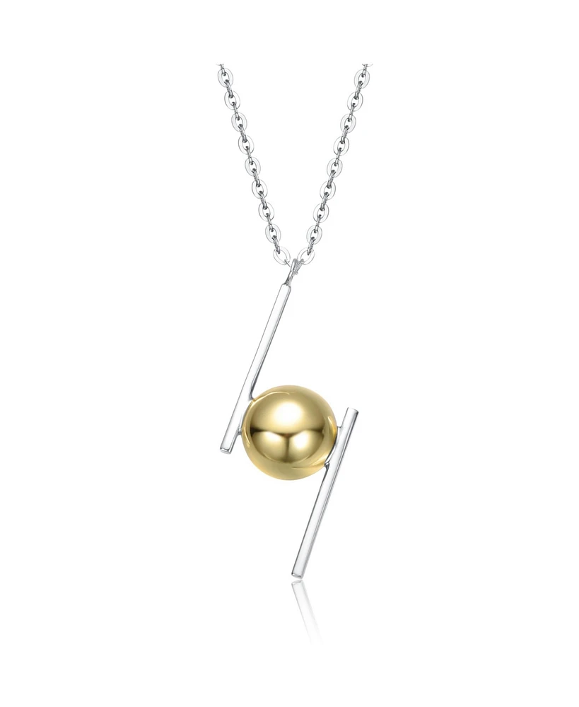 Sterling Silver Two-Tone with 14K Gold Plated Sphere and White Gold Plated Asymmetrical Bar Design Necklace