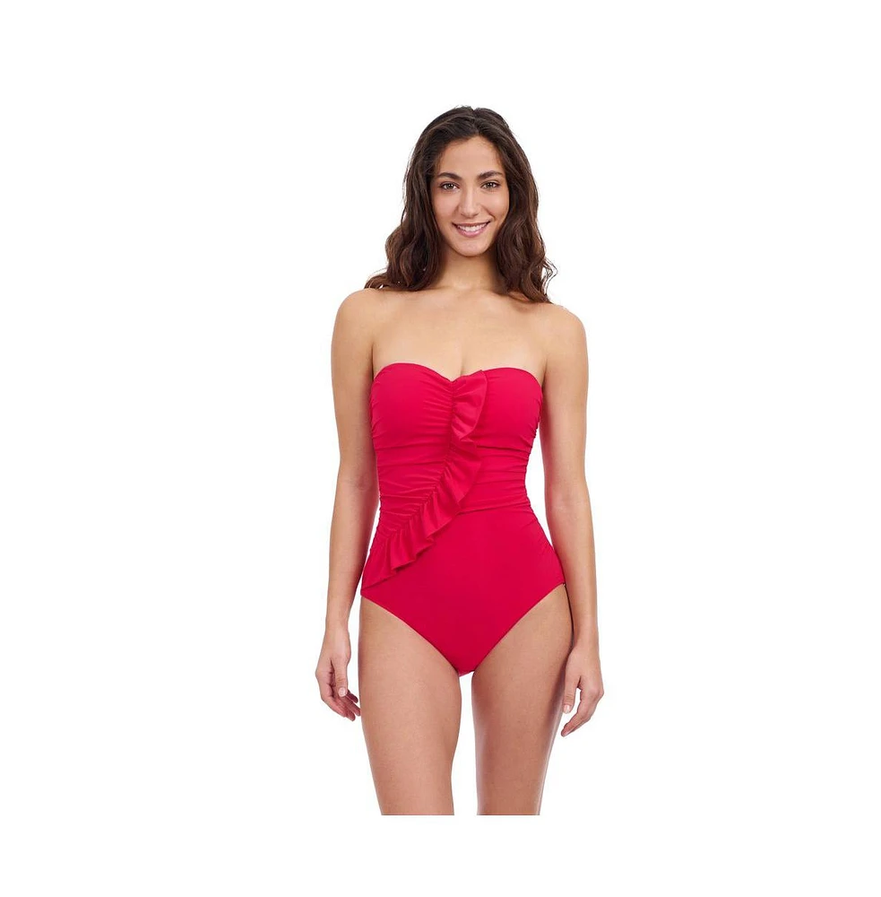 Profile by Gottex Women's Tutti Frutti Ruffle Bandeau One Piece Soft Cups Tummy Control Adjustable Removeable Straps