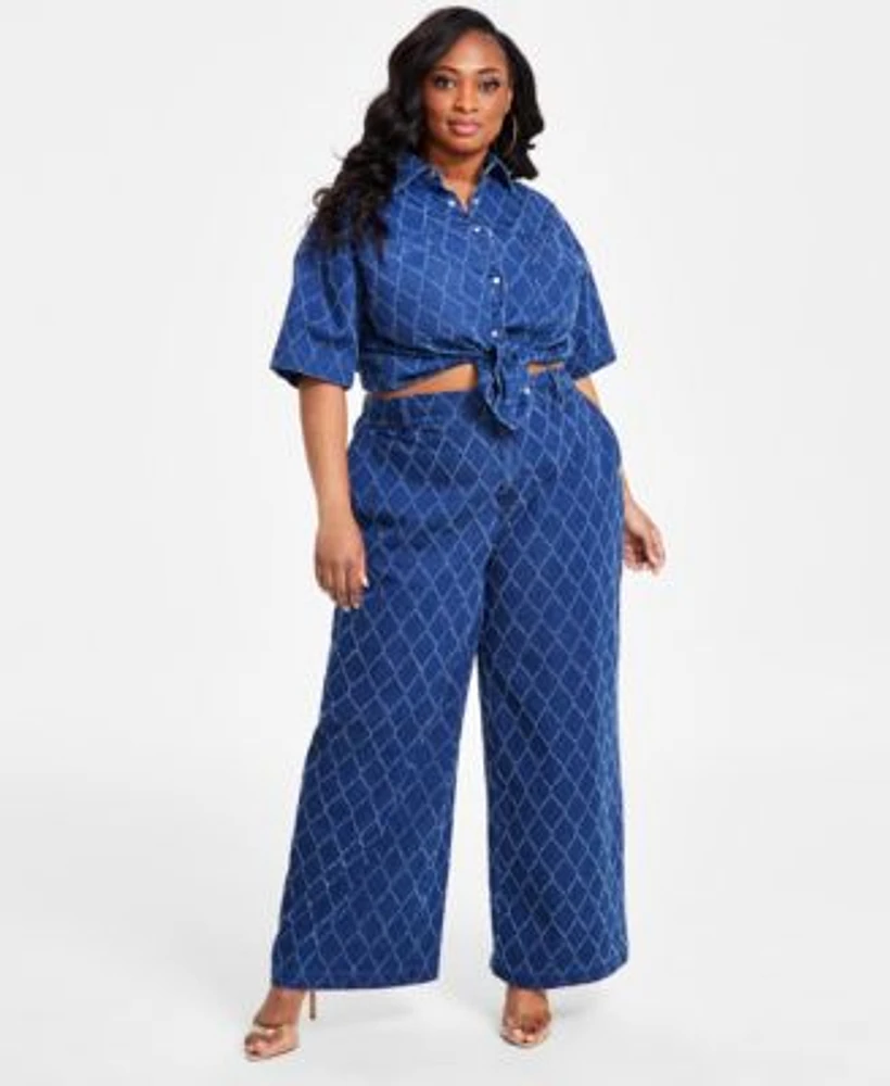 Nina Parker Diamond Texture Denim Shirt Matching Jeans