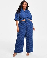 Nina Parker Diamond Texture Denim Shirt Matching Jeans