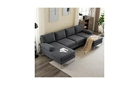 Slickblue U-Shaped 4-Seat Linen Sofa with Wooden Frame and Back for Comfortable Living Room Seating