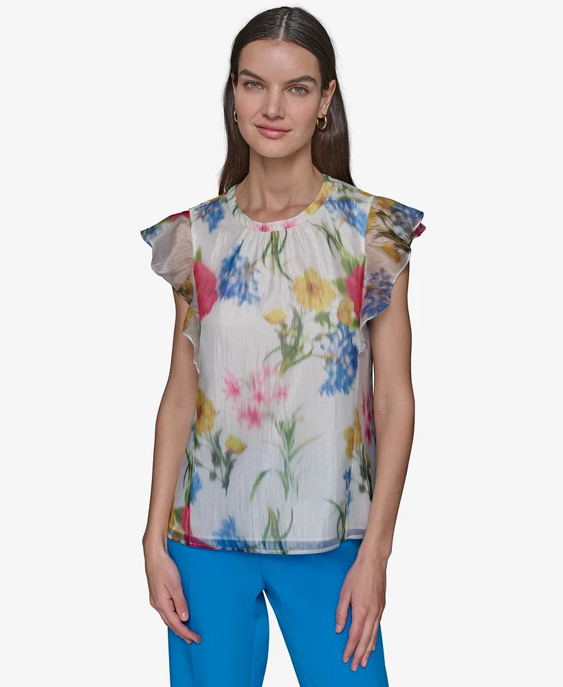 Karl Lagerfeld Paris Women's Floral-Print Flutter-Sleeve Blouse