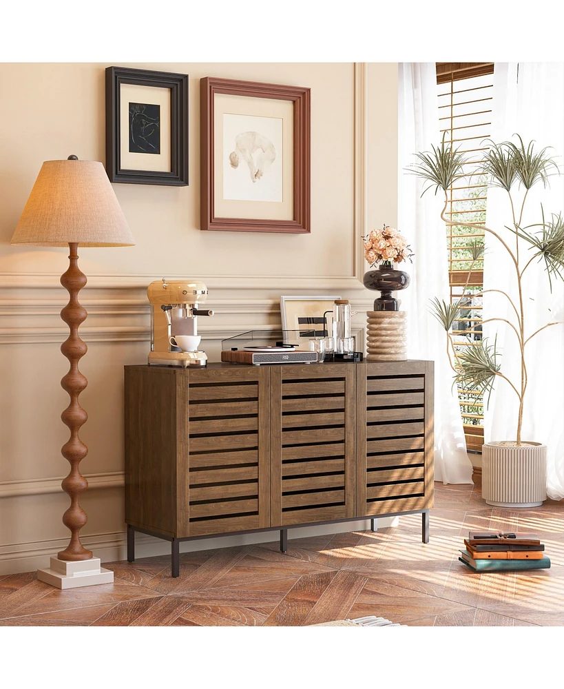Lovmor Farmhouse Sideboard Buffet Storage Cabinet with Strip Skeleton Door and Adjustable shelves, for living room dining room kitchen