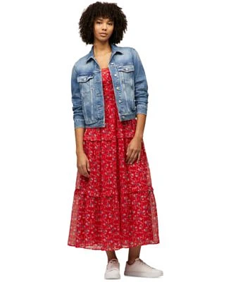Tommy Jeans Womens Logo Back Denim Trucker Jacket Smocked Floral Maxi Dress