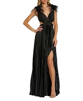 Mac Duggal Women's Pleated Feather Cap Sleeve Open Back Gown