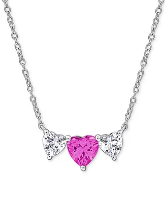 Lab-Created Pink Sapphire (1-1/2 ct. t.w.) & Lab-Created White Sapphire (1-1/10 ct. t.w.) Triple Heart 17" Pendant Necklace in Sterling Silver