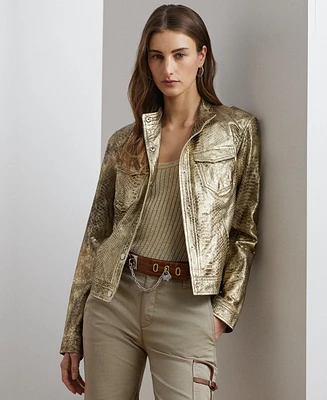 Lauren Ralph Women's Metallic Embossed Lambskin Moto Jacket