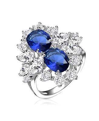 Sterling Silver with White Gold Plated Oval Stone with Blue, Yellow, or Pink Cubic Zirconia Cocktail Ring