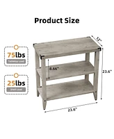 gaomon Grey Farmhouse End Table, 3 Tier Rustic Side Table, Narrow Sofa Table Set of 2 with Ample Storage Shelf, Rectangular Nightstand with Metal Corn